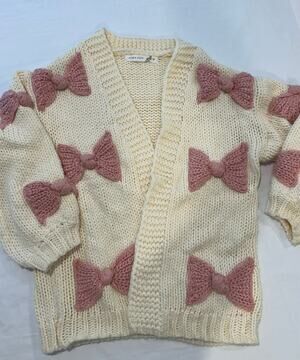 Altar'd State Pink Bow on Cream Cardigan Sweater